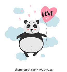 I love you. Cute Panda with balloon in the clouds. Vector illustration for Valentine's day.