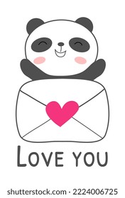 Love you. Cute panda with love letter. Greeting card, print, tee, postcard for Valentines day Vector illustration