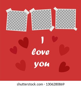 I love you, Cute poster with space for your text and the words I love you on a background of hearts. Cover for photo album or photo frame. Vector cartoon close-up illustration. I love you on