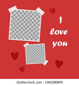 I love you, Cute poster with space for your text and the words I love you on a background of hearts. Cover for photo album or photo frame. Vector cartoon close-up illustration. I love you on