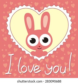 I love you! Cute rabbit in heart, handwritten text, valentines day card