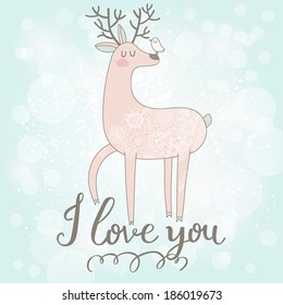 I love you. Cute romantic background in vector. Funny deer with bird in vector. Wedding card. Happy valentines day