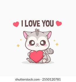 I love you, cute sugar glider hugging love shape