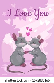 I love you. Cute Valentine's Day greeting card with cartoon mice. Mouse in love, vector illustration.