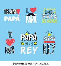 "Love you dad. Best dad of the world. Dad you era the king" Collection of happy father's day greeting in spanish. With differents graphic elements like mustaches, hearts, crown and ribbons. 