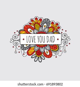 Love you dad father's day banner vector illustration with swirls, stars, and hearts on a light grey background.