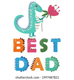 Love you dad hand drawn lettering with baby and parent Dino characters illustration for father s day card, banner, poster. flat style dinosaur