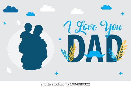 I love you Dad. Vector silhouette illustration of a father and son. clouds and sparkle drawing