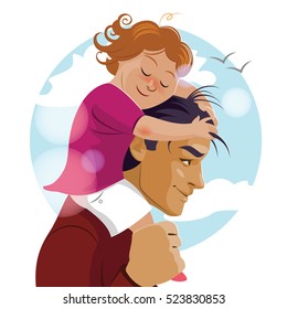 I love you, Daddy. Father Day. Pop carries his daughter on his shoulders. Vector illustration