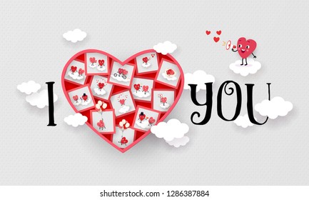 I love you Declaration of love creative text for Valentine's Day Wedding Engagement Honeymoon holiday advertising Heart decorated photo of a pair of lovers Vector illustration