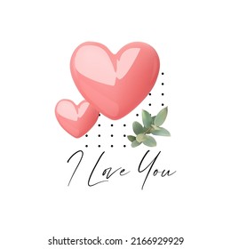 I love you. Declaration of love illustration with pink hearts and sift leaves