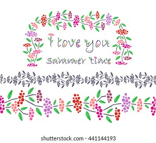I love you design set. Red berry frame and seamless border, hand drawn illustration, vector