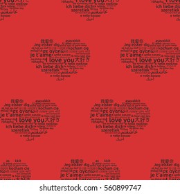 I love you in different language. Words hearts seamless pattern on red background. Vector illustration