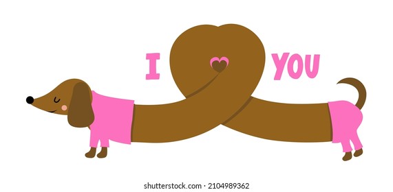 I love you - Doodle draw and phrase for Valentines Day. Hand drawn lettering for Love Day greeting cards, invitation. Good for t-shirt, mug, gift, printing press. Adorable dachshund dog.