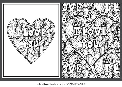 I Love You doodle heart coloring pages set in US Letter format. Black and white Valentine’s Day patterns for antistress coloring book. Wavy mandala with quote. Vector illustration