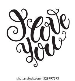 I love you doodle heart shaped hand lettering. Romantic background. Greeting card design template. Can be used for website background, poster, printing, banner.  Vector illustration