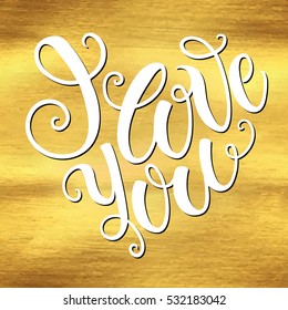 I love you doodle heart shaped hand lettering. Romantic background. Greeting card design template. Can be used for website background, poster, printing, banner. Vector illustration