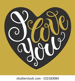 I love you doodle heart shaped hand lettering. Romantic background. Greeting card design template. Can be used for website background, poster, printing, banner. Vector illustration