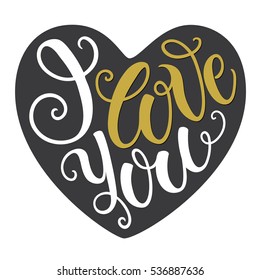 I love you doodle heart shaped hand lettering. Romantic background. Greeting card design template. Can be used for website background, poster, printing, banner. Vector illustration