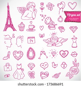 I love you doodle icon set isolated, vector illustration hand drawn