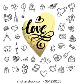 I love you doodle icon set isolated. Romanse sketchy heart and present. Vector illustration hand drawn with hand lettering.