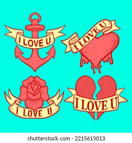 I Love You Doodle Illustration Hand Drawn Cartoon Colorful Vintage Style Vector