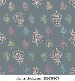 I love you doodle seamless vector pattern with hand drawn heart and flower, romantic hand drawn colorful background for Valentines Day's, textile, wrapping paper with text.