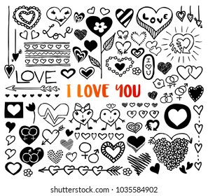I Love You doodles with hand drawn heart icons, arrows and flowers. Vector illustration