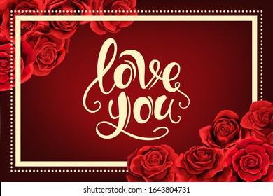 Love you elegant vintage frame invitation with red rose flower bouquets. Can be used as valentines, postcard, events, sign, scrapbook album. Cute vector template in scarlet colors