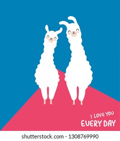 I love you every day. Cartoon Llama family in love. Color background. Vector illustration. 