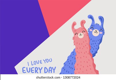 I love you every day. Cartoon Llama family in love. Color background. Vector illustration. 