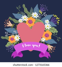 I love you, Floral hand draw design concept, Bouquet of Flowers, heart and ribbon with text, vector illustration