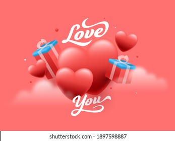 Love You Font With 3D Gift Boxes And Glossy Hearts On Red Background.