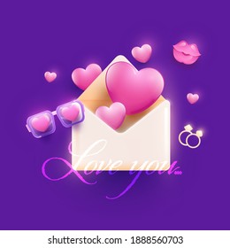 Love You Font With Glossy Pink Hearts Popping Out From Envelope, Goggles, Couple Rings And Kissing Lips On Purple Background.