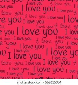 I love you, font seamless pattern. Valentine's Day background. Purple letters and phrases on a pink background. For wallpaper design, declarations of love, a holiday package. Vector illustration