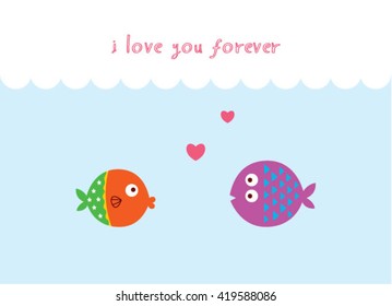 i love you forever fish couple vector illustration. valentine gift card with fish cartoon.