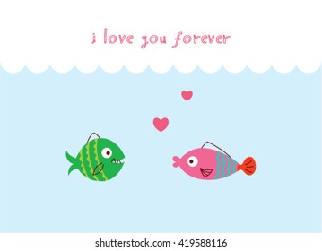 i love you forever fish couple vector illustration. valentine gift card with fish cartoon.
