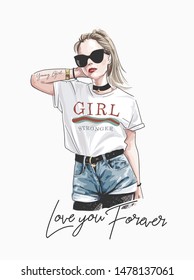 love you forever slogan with fashion girl in sunglasses illustration