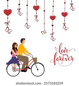 Love You Forever Text with Cartoon Couple Riding Bicycle and Hearts Decorated on White Background for Happy Valentine's Day Celebration.