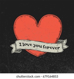 I love you forever text on vintage ribbon over red heart. Tattoo vector illustration