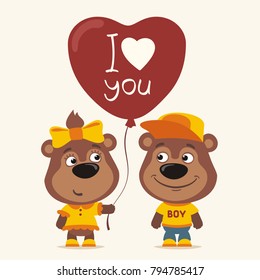 I love you! Funny bear girl gives balloon heart for boy. Greeting card for Valentine's Day.