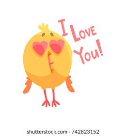 I love you, funny cartoon comic chicken with heart shape eyes vector Illustration