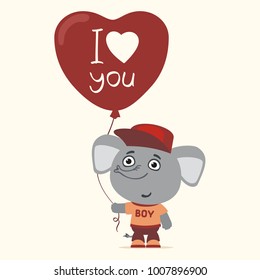 I love you! Funny elephant with balloon heart. Greeting card for Valentine Day.