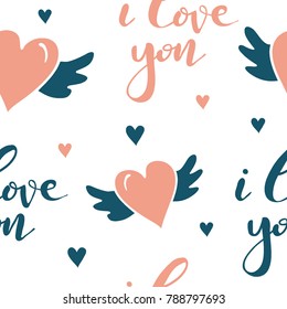 I love you. Funny lovely seamless pattern. Hand drawn background for Valentine's day or wedding.  Cute doodle illustration with hearts and hand written text. Love, romantic