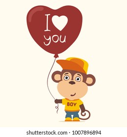 I love you! Funny monkey with balloon heart. Greeting card for Valentine Day.