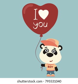 I love you! Funny panda bear with balloon heart. Greeting card for Valentine's Day.