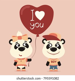 I love you! Funny panda girl gives balloon heart for boy. Greeting card for Valentine's Day.