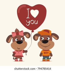 I love you! Funny puppy girl gives balloon heart for boy. Greeting card for Valentine's Day.