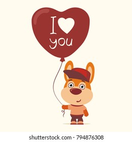 I love you! Funny rabbit with balloon heart. Greeting card for Valentine's Day.