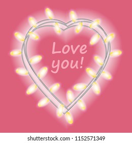 Love you. Garland in form of heart with glowing lights isolated on bright pink background. Vector design element for Holiday cards. Template or mock up.